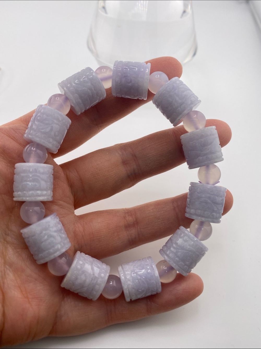 Genuine Lavender Jadeite Carved Barrel Bracelet - Natural Purple Icy Accents - Picture 4 of 5
